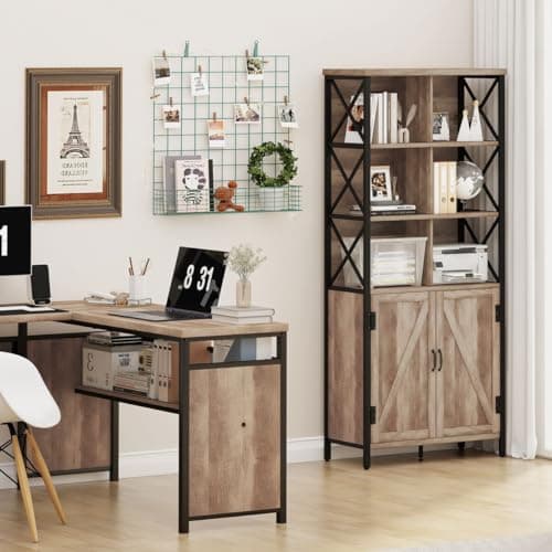 FATORRI Rustic Oak Tall Bookshelf with Doors, 67" Industrial Farmhouse Storage Organizer