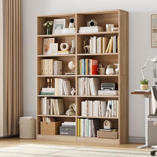 Double Wide 6-Tier Bookshelf, Tall Display Storage, Light Oak Home Decor