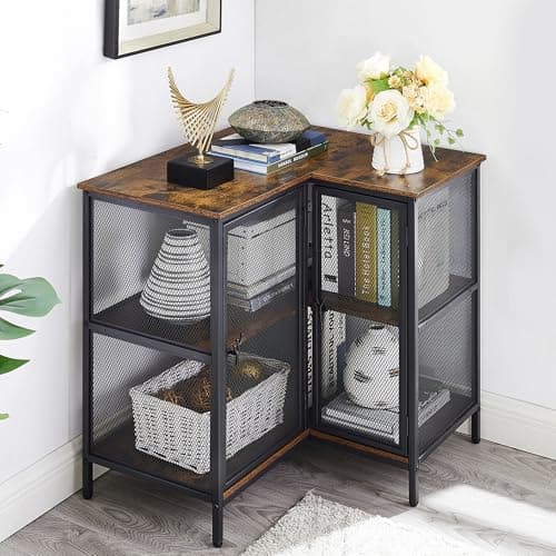 VECELO 3-Tier Corner Cabinet with Doors, Industrial TV Stand, Retro Brown