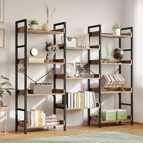 Rolanstar Industrial Wide Bookshelf with Metal Frame, Rustic Brown, 4 Tiers + 4 Hooks