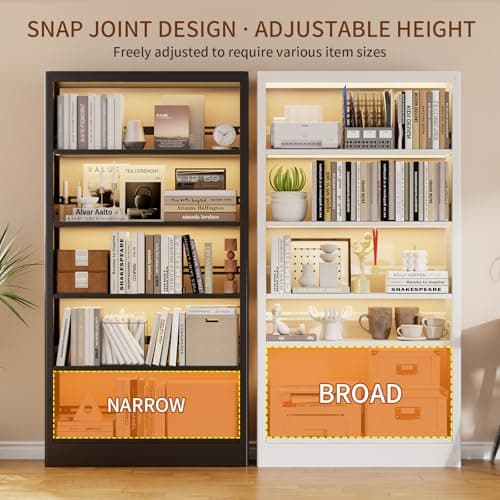 71" Tall Metal White Bookshelf with Adjustable Shelves, 5-Tier Heavy Duty, Modern Library & Living Room Book Case