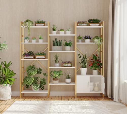 Yusong Industrial White & Gold Triple Wide 5 Tier Bookshelf with Storage