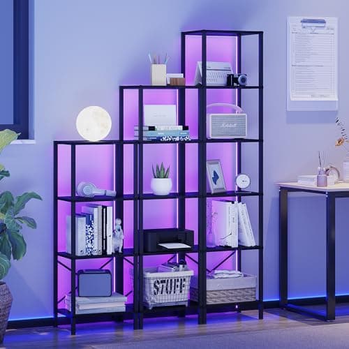 6-Tier Tall Narrow Bookshelf with LED Lights, Black Steel Frame
