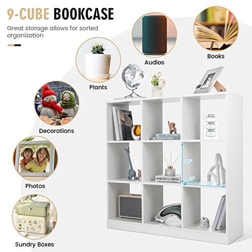 Giantex 9-Cube White Open Bookshelf, 4-Tiers Anti-Tipping, Modern Storage Organizer