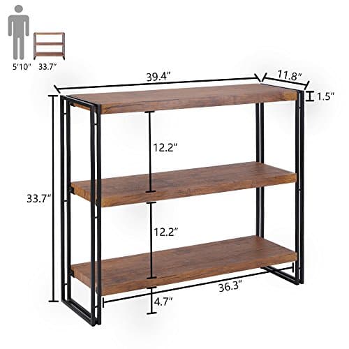 Rustic Industrial 3-Tier Bookshelf, Brown Wood and Metal