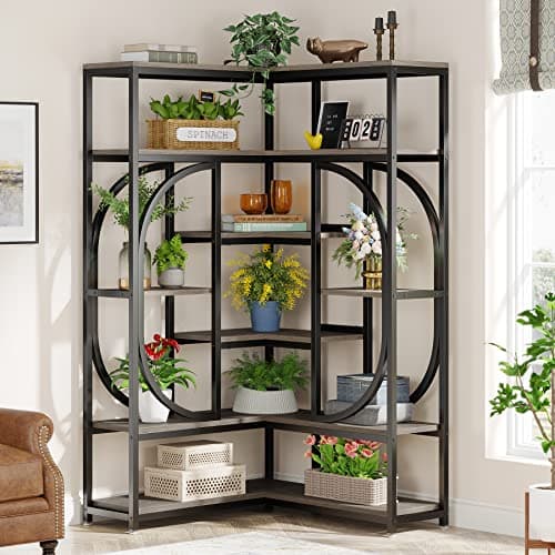 Tribesigns Large Grey Corner Bookshelf with Storage for Living Room and Office