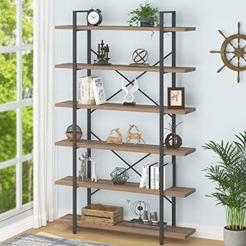 HSH Industrial Modern 6 Shelf Tall Bookcase, Rustic Brown for Living Room & Office