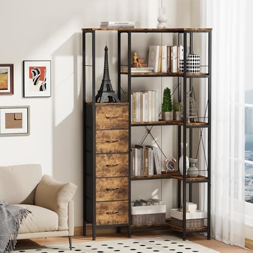 Industrial Convertible Corner Bookshelf with Drawers & Display Shelf, Large Wood Shelf in Rustic Brown