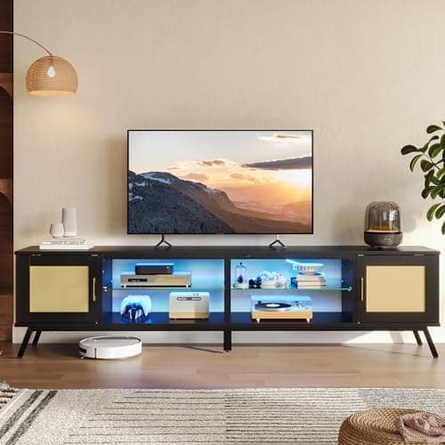 Bestier 80 Black Rattan TV Stand for 85 TV with Storage and LED Lights