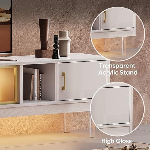 Modern TV Stand for 85 inch TV with Storage Drawer & Cabinets in White Gold