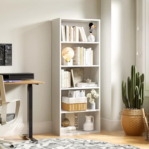 White 5-Tier MXV Bookshelf for Home Office, Living Room, Bedroom
