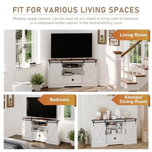 Corner TV Stand for 65 TV with Sliding Barn Door - White Wood Media Console, 58x15.7x31H