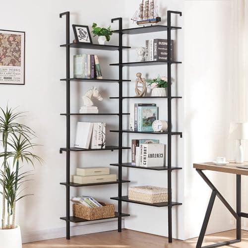 Modern Industrial 12-Tier L-Shaped Corner Bookshelf for Home Office, Black