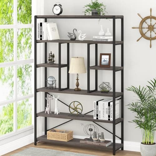 Vintage Brown Metal Wood 6 Tier Bookshelf for Living Room and Bedroom