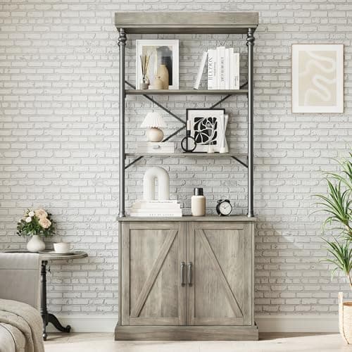 IDEALHOUSE Tall Bookshelf with Doors 73.62in Industrial Open Rack Shelf Wood & Metal