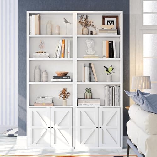OneInMil 6-Tier Industrial Double Wide Bookshelf with Doors & Storage Cabinets 71" Tall