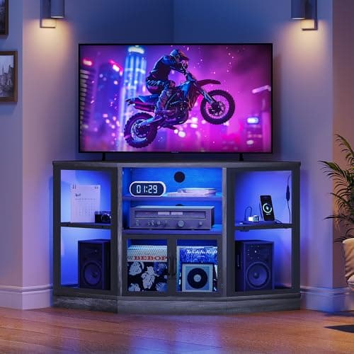 YITAHOME Corner TV Stand with LED Light, 19.7" D x 47" W x 28" H, Grey