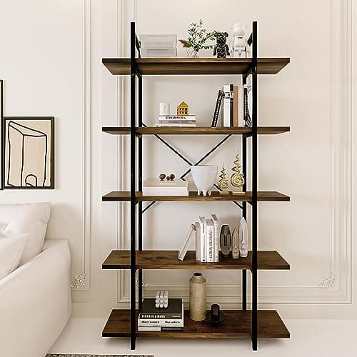 Industrial Rustic Brown Metal Bookshelf, 5 Tiers, Standing Storage for Home Office and Study.