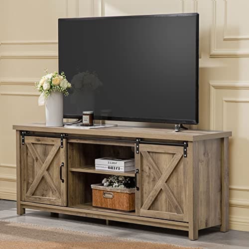 GAZHOME Dark Grey Rustic Modern Farmhouse TV Stand with Sliding Doors Storage