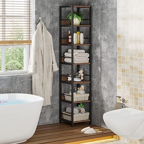 Tribesigns 6-Tier Corner Bookshelf, 75 Inch Tall, Rustic Open Shelf Tower for Living Room & Bathroom Storage