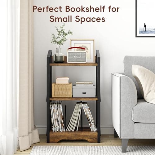 Vagusicc 3-Tier Industrial Metal Bookshelf, Brown, for Living Room and Home Office