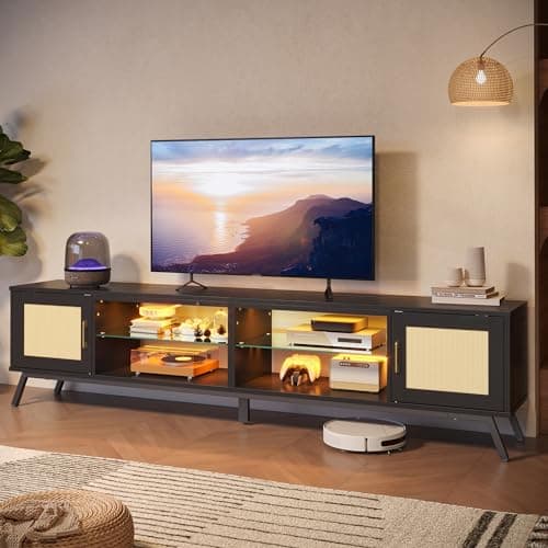 Bestier 80 Black Rattan TV Stand for 85 TV with Storage and LED Lights