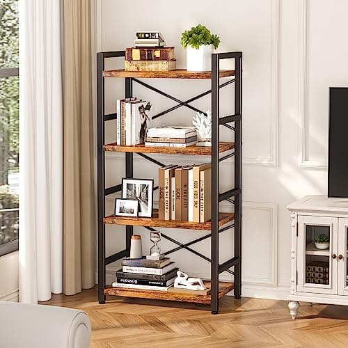 Rustic Brown 4 Tier Bookshelf for Living Room, Bedroom, Home Office