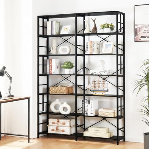 Wide 7-Tier Industrial Bookshelf with Metal Frame for Living Room and Office