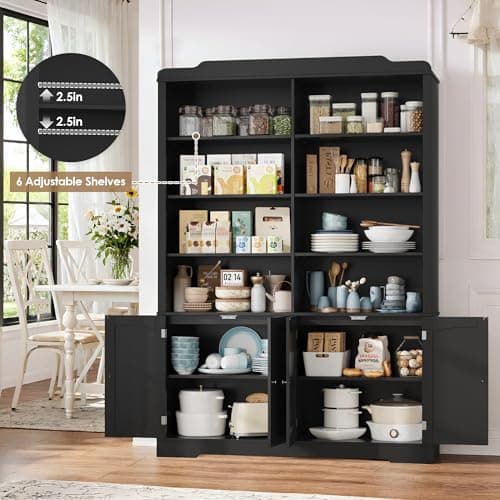 73.1" Tall Black Bookcase with Doors and Adjustable Shelves for Living Room and Home Office
