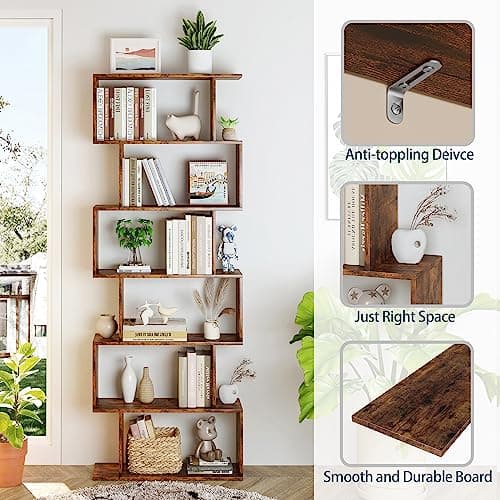 Yusong S-Shaped 6-Tier Geometric Bookcase, Modern Rustic Brown Tall Decor for Home Office & Bedroom