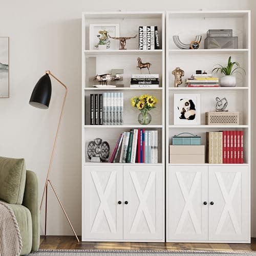 Industrial Bookshelves Set of 2 with Doors and 6 Shelves for Home Office and Living Room