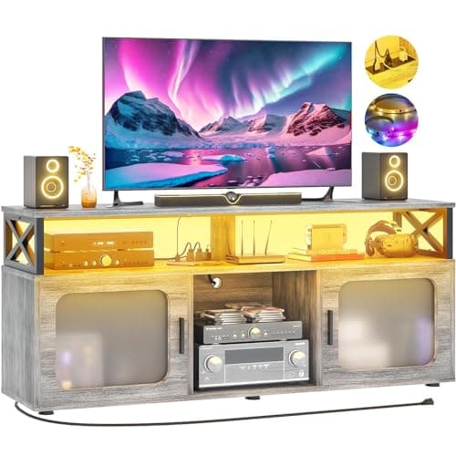 Modern TV Stand for 55-60 Inch TV with LED Light, Charging Station, and Soundbar Shelf