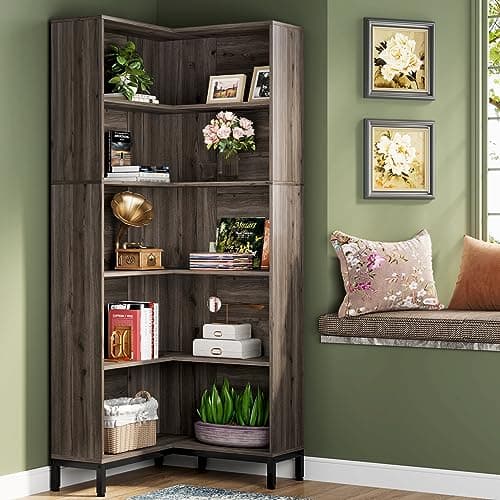 Corner Bookcase with 6-Tiers, Industrial Style Wooden Etagere Display Rack