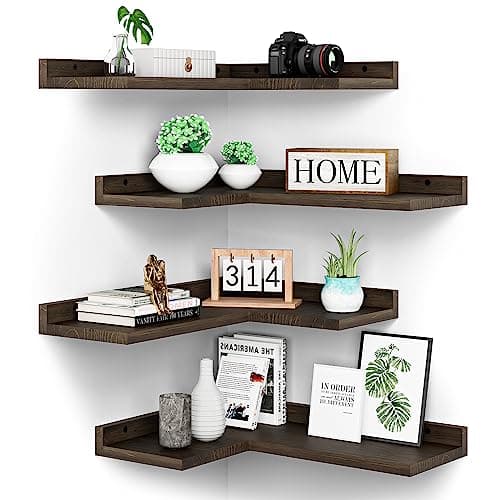 Rustic Dark Brown Floating Corner Shelves Set of 4 for Wall Décor Storage