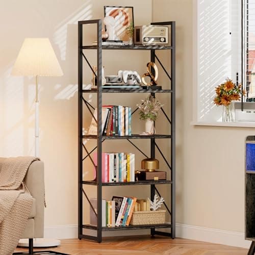 DWVO 5 Tier Charcoal Gray Industrial Bookshelf for Bedroom, Living Room, and Office