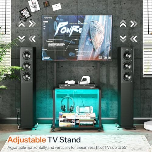 Corner TV Stand with Mount and Power Outlet, Rolling TV Stand for TVs up to 55 with LED Lights - Black for Living Room, Bedroom, Office
