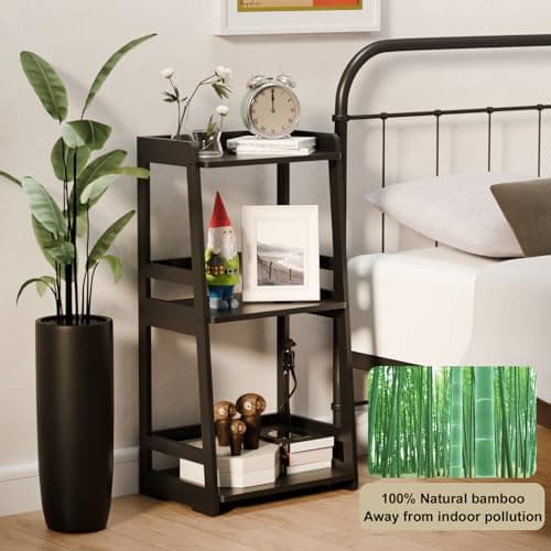 3-Tier Black Ladder Bookshelf, Solid Wood Storage Organizer for Bathroom & Living Room