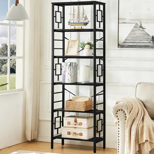 Industrial 7-Tier Tall Bookshelf with Metal Frame, Open Shelves, Rustic Brown Finish for Office, Living Room, Bedroom - 84 Inch