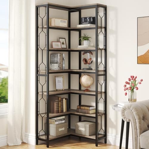 Tribesigns 7-Tier Industrial White Wood & Metal Corner Bookshelf