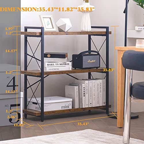 HCHQHS 3-Tier Rustic Wood and Metal Bookshelf