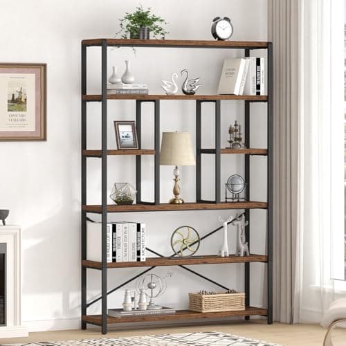 Vintage Brown Metal Wood 6 Tier Bookshelf for Living Room and Bedroom
