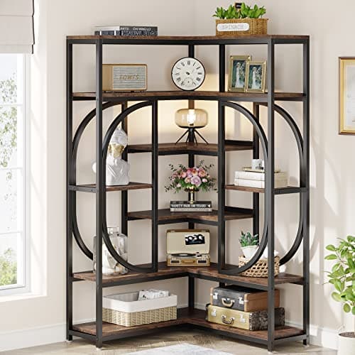 Tribesigns Large Grey Corner Bookshelf with Storage for Living Room and Office