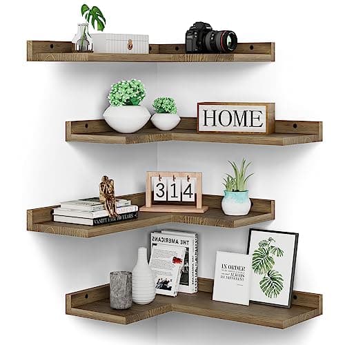 Rustic Dark Brown Floating Corner Shelves Set of 4 for Wall Décor Storage