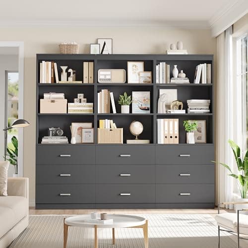 Fotosok 71" Tall Dark Grey Bookshelf with Drawers & 3-Tier Shelves for Home Office