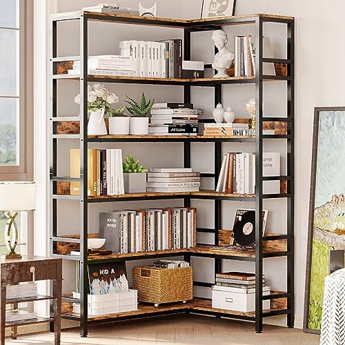 IRONCK 6-Tier Corner Bookshelves with Baffles for Living Room and Home Office