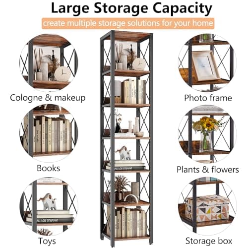 IBUYKE 6-Tier Tall Narrow Bookcase, Rustic Brown for Small Spaces
