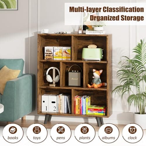 Vongrasig 7 Cube Bookshelf, Mid-Century Modern Wooden Storage Organizer