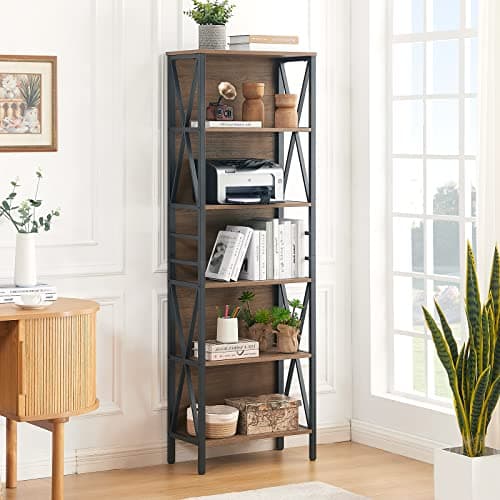 Tall 6-Tier Rustic Wood Metal Bookshelf for Home Office, Living Room, Bedroom