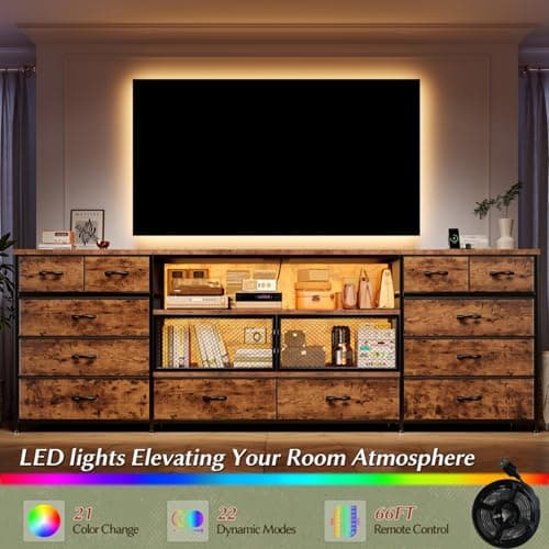 EnHomee 71 Rustic Brown TV Stand with LED & Charging Station for Bedroom