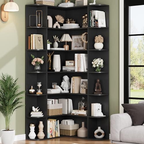Fotosok 74" L-Shaped Tall Corner Bookshelf, 6-Tier Black Wood Storage